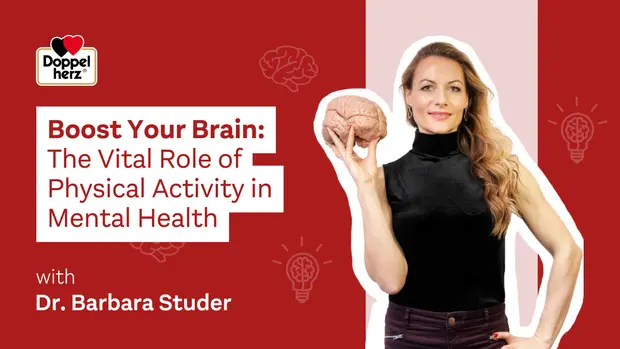 Slika prikazuje žensko, ki drži človeški možgani, oblečeno v črno majico. V ozadju so rdeče in bele barve z besedilom "Boost Your Brain: The Vital Role of Physical Activity in Mental Health" in "with Dr. Barbara Studer".
