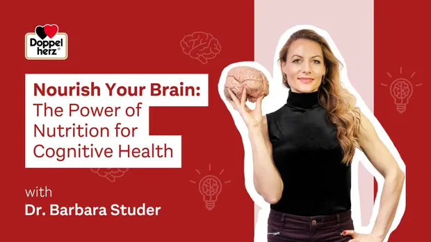 Na sliki je ženska, ki drži model človeškega možgana v eni roki. Zadaj so grafični elementi, ki simbolizirajo zdravje in prehrano. Besedilo na sliki vključuje naslov "Nourish Your Brain: The Power of Nutrition for Cognitive Health" in omembo "Dr. Barbara Studer".